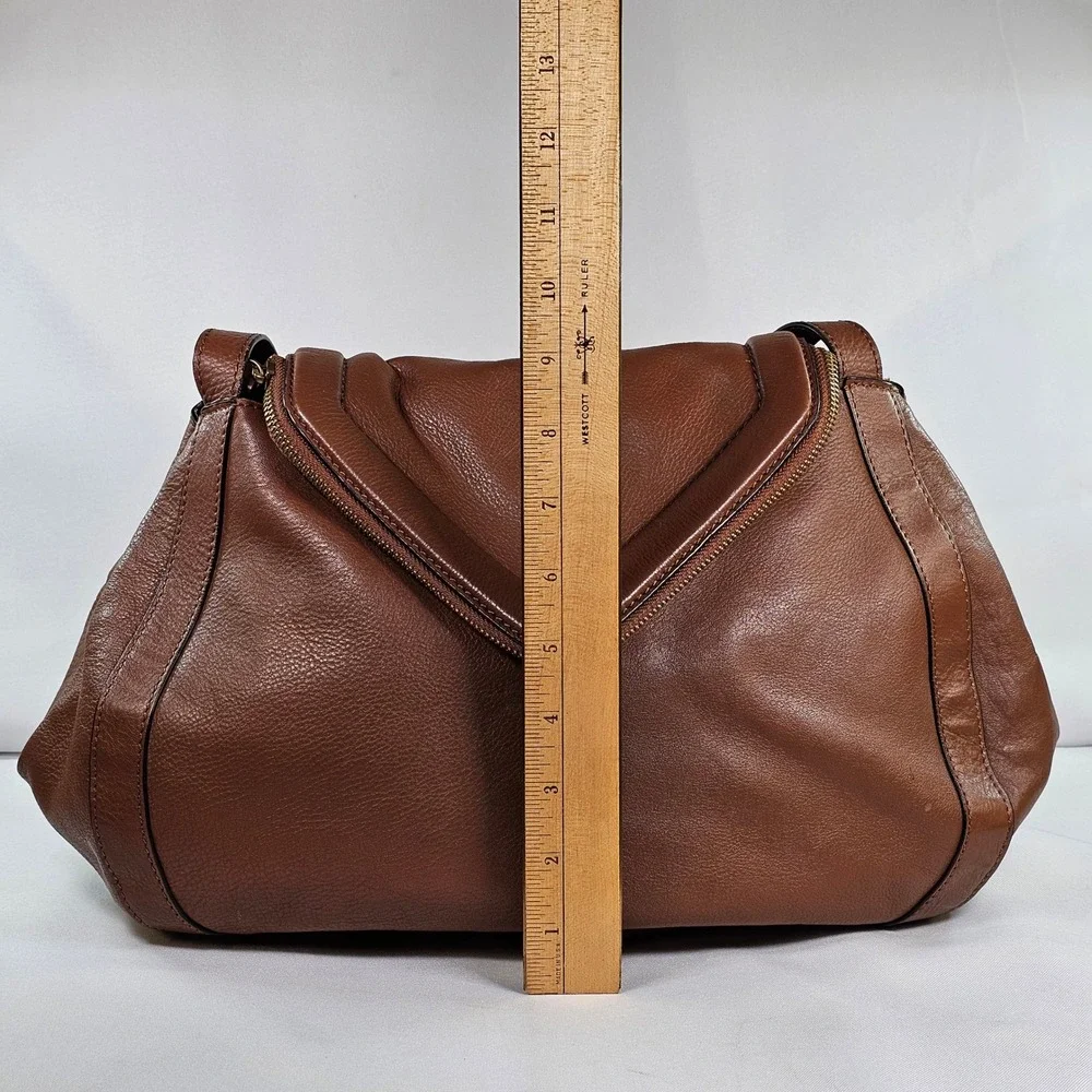 Vince Camuto Lenka Cognac Brown Pebbled‎ Leather V-Flap Shoulder Bag Hobo Purse